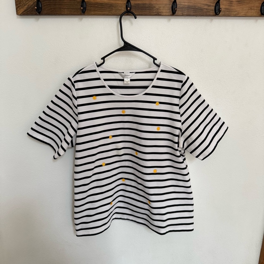 CJ Banks Black and White Striped Tee with Yellow Sun Embroidery
